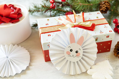 Close-up of christmas decorations on table