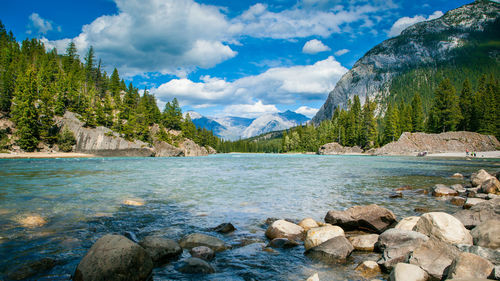 Scenic view of lake and mountains against sky