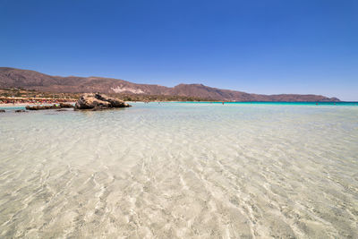 Scenic view of beach against clear blue sky