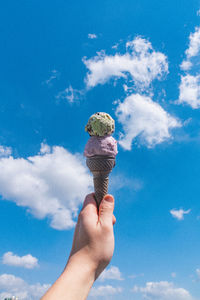 Human hand holding ice cream against blue sky
