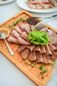 High angle view of food in plate on table