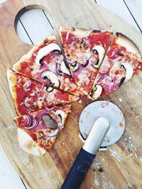 High angle view of pizza on table