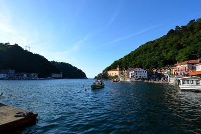 Scenic view of sea by buildings against blue sky