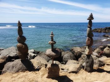 Rocks on beach against sky