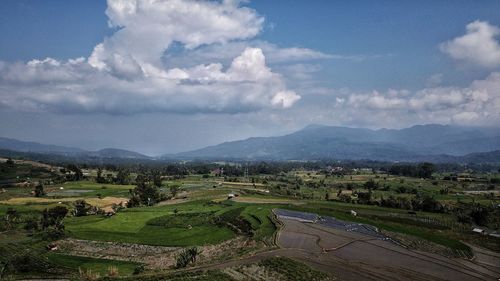 High angle view of field against sky