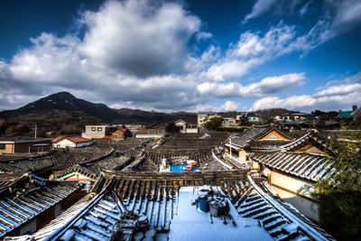 High angle view of houses in town 