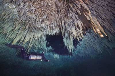 Panoramic view of sea seen through cave