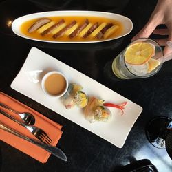 High angle view of breakfast on table