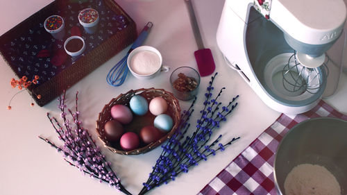 High angle view of eggs on table