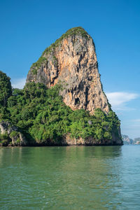 Rock formations by sea against sky