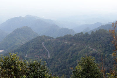 High angle view of trees and mountains