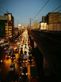 High angle view of traffic on city street at night