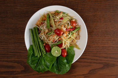 High angle view of salad in plate on table