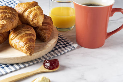 High angle view of breakfast served on table