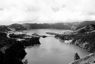 Panoramic view of lake in acores