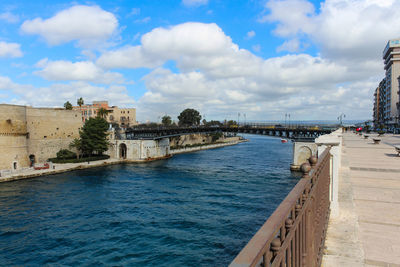 Bridge over river against buildings in city