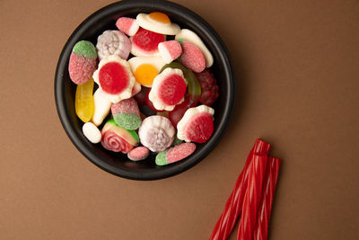 High angle view of fruits in bowl on table