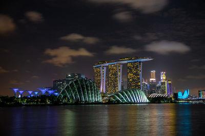 Illuminated modern buildings in city at night