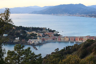 High angle view of townscape by sea