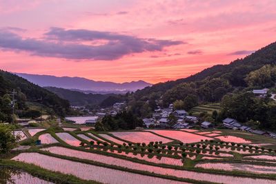 High angle view of agricultural field against sky during sunset