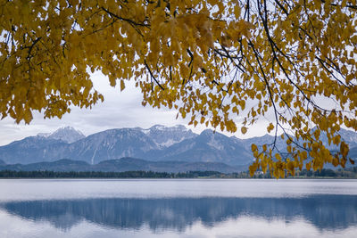 Scenic view of lake by mountains against sky