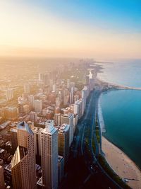 High angle view of chicago at sunset, with a view of lake michigan