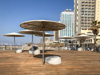 Low angle view of built structures against clear sky