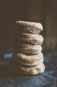 Close-up of stack on table