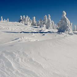 Snow covered land against clear blue sky