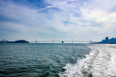 View of suspension bridge over river