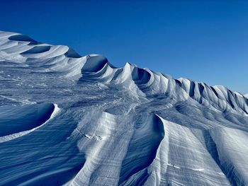 Low angle view of snowcapped mountain against clear blue sky