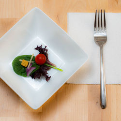 High angle view of food in plate on table