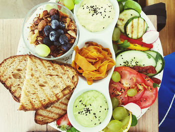 High angle view of breakfast served on table