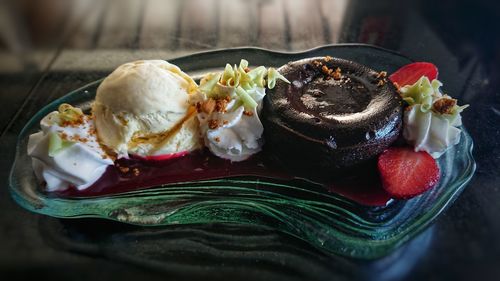 Close-up of ice cream in plate on table