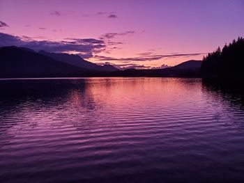 Scenic view of lake against romantic sky at sunset