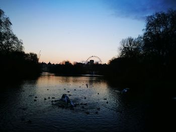 Swans swimming in lake against sky during sunset