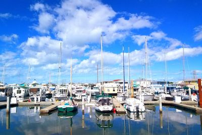 Boats moored at harbor against blue sky