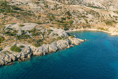 Aerial view of oprna beach near stara baska, krk island, croatia