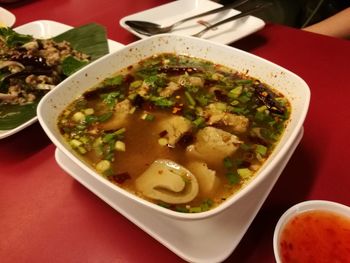 High angle view of soup in bowl on table