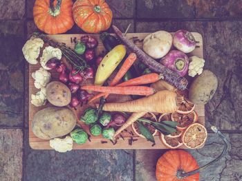 Directly above of various vegetables on cutting board