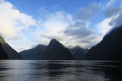 Scenic view of lake by mountains against sky