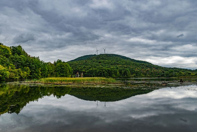 Scenic view of calm lake against cloudy sky