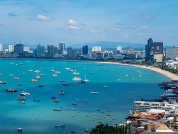 High angle view of boats in city