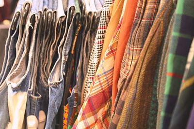 Close-up of multi colored clothes rack at shop