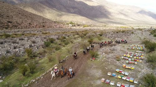 High angle view of people on road against sky