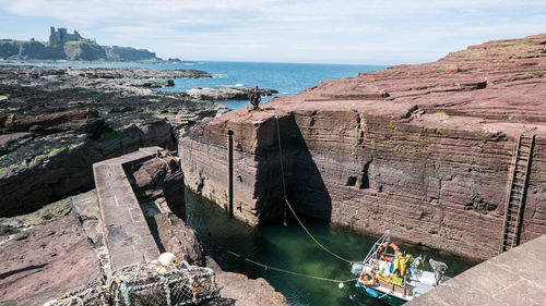 High angle view of rocks by sea against sky