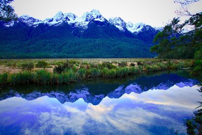 Scenic view of lake and mountains against sky