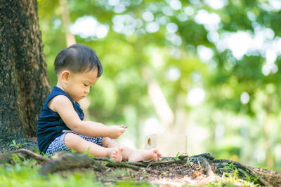 Cute boy looking away while sitting on land