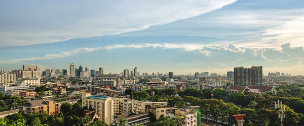 High angle view of buildings against sky