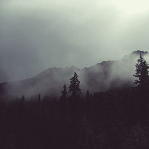 Scenic view of mountains against sky during foggy weather